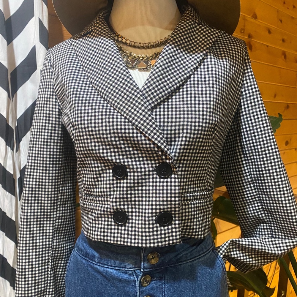 Pins & Needles Double Breasted Plaid Crop Blazer